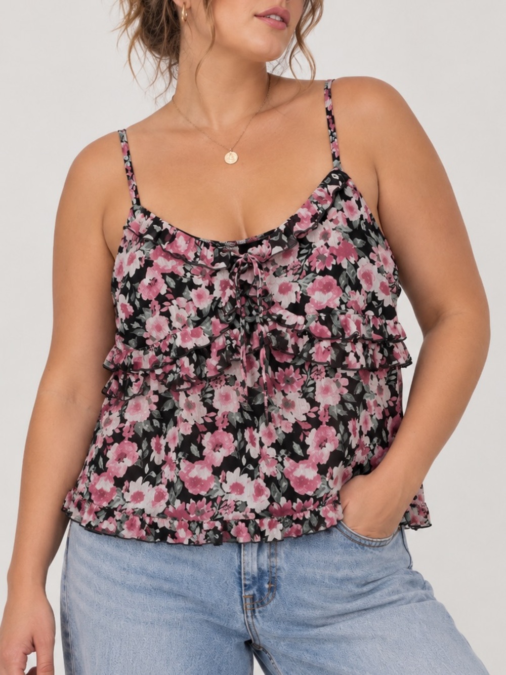 Floral Babydoll Cami 3X Pink Black Ruffle Y2K Coquette Cottagecore Plus Size